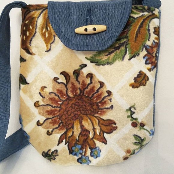 Purse Handbag Pouch Messenger Vintage Upholstery Velvet Blue Floral Crossbody - Picture 2 of 10